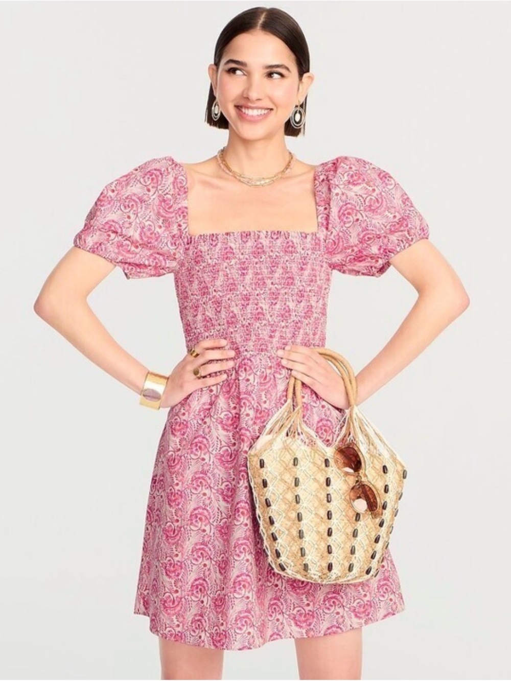 J. Crew Pink Floral Smocked Square Neckline Puff Sleeve Flowy Poplin Mini Dress